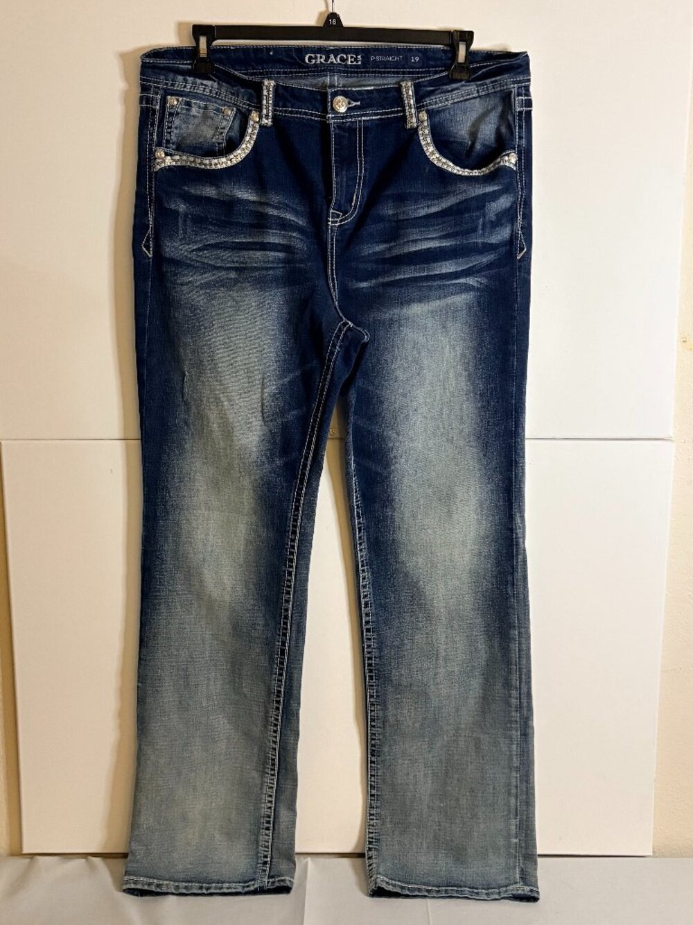 Grace in LA Woman P-Straight Dark Blue Wash Embroidered Stitching Jeans Size 19